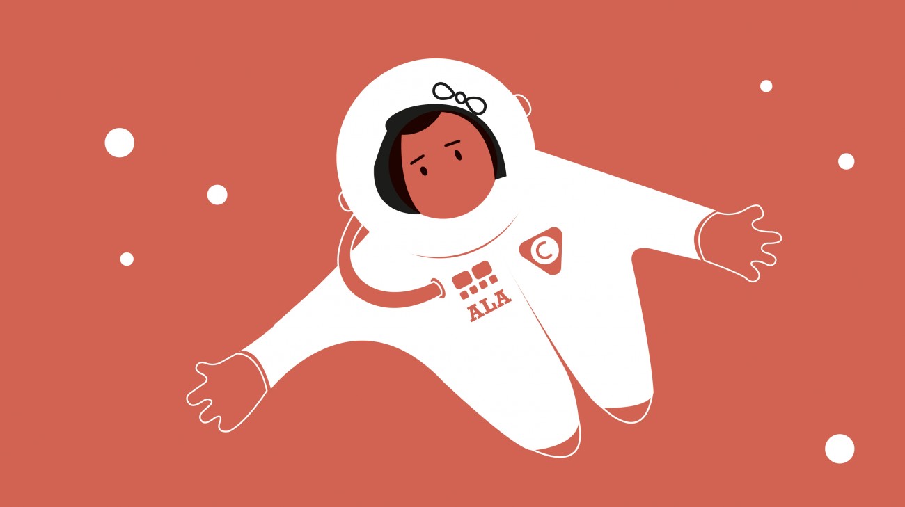 Graficznie przedstawiona dziewczynka w skafandrze astronautki, z plakietką ALA. Szybuje na morelowym tle.