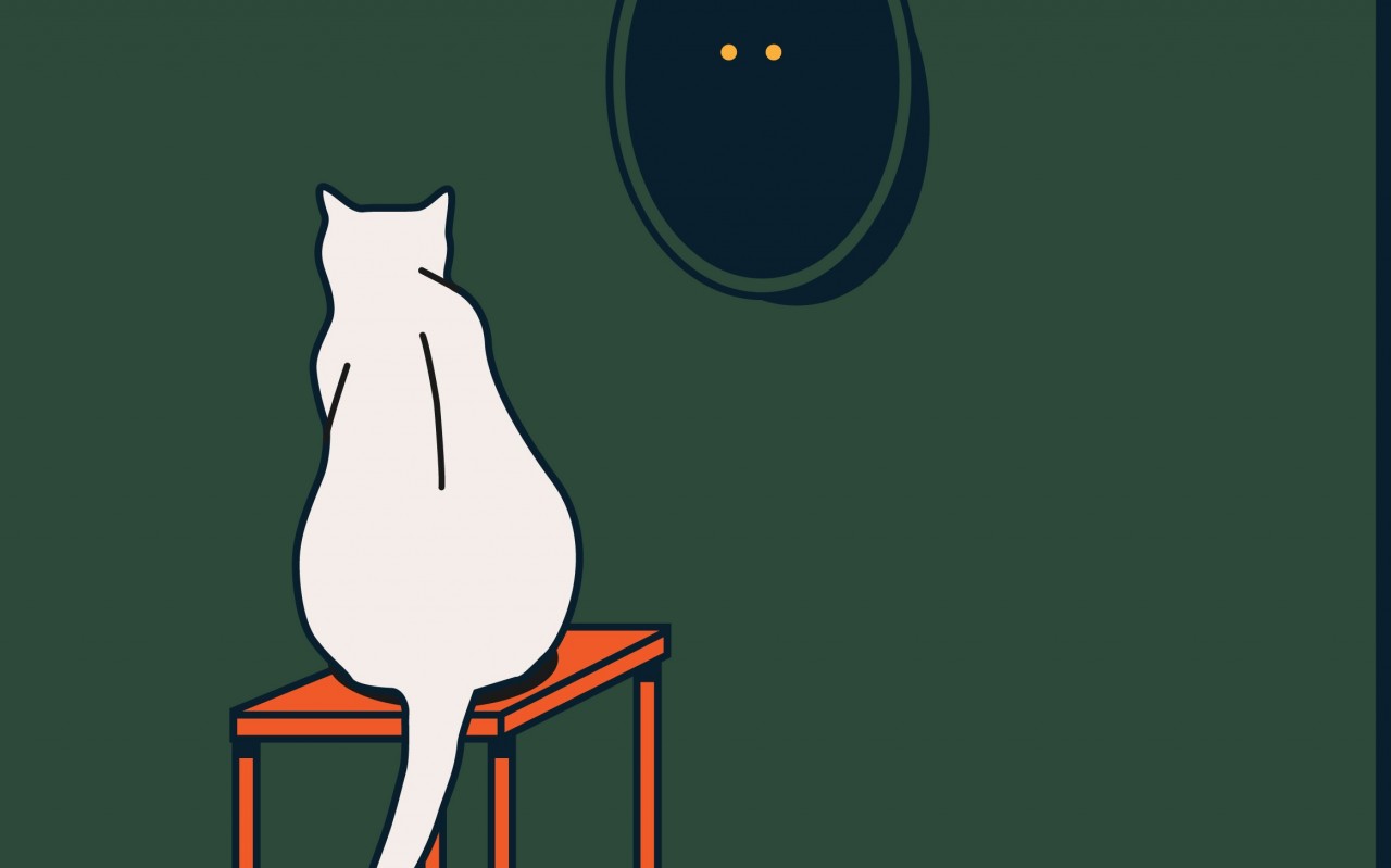 grafika z białym kotem siedzącym tyłem do widza na taborecie