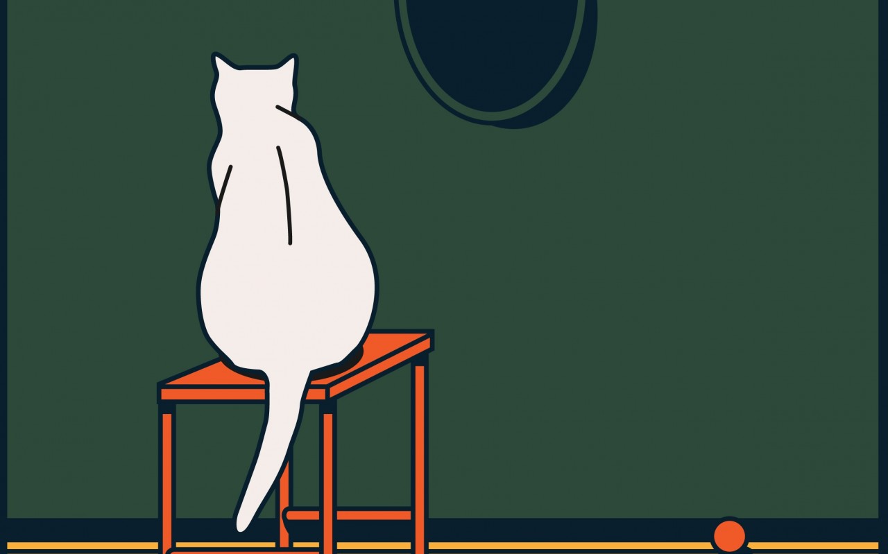 grafika z białym kotem siedzącym tyłem do widza na taborecie