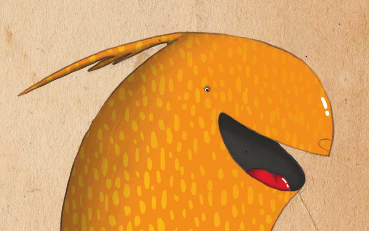 uśmiechnięty brązowy dinozaur Marvin w żółte łatki