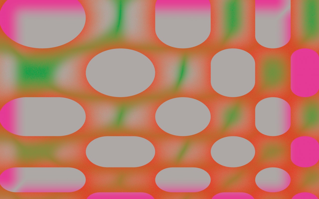 abstrakcyjne koliste plamy, dominuje kolor różowy, szary, zielony, pomarańczowy