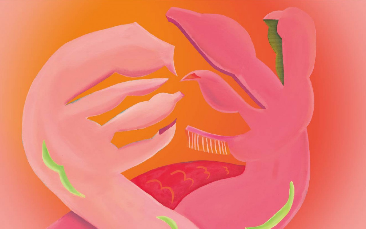 Grafika przedstawiająca różowe formy przypominające język, palce, pazury.  Tło pomarańczowe.
