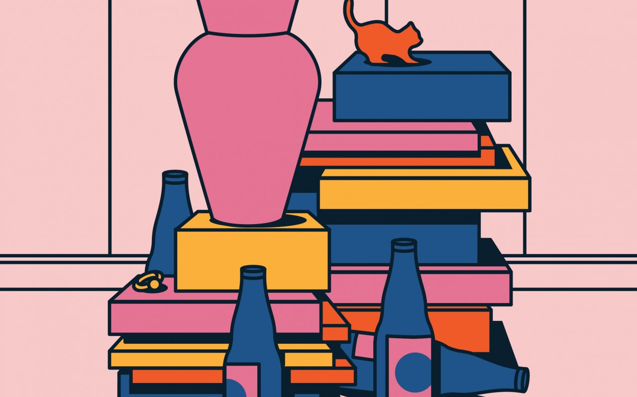 różowa grafika ze stosami książek, butelkami i wazą na jednej ze stert