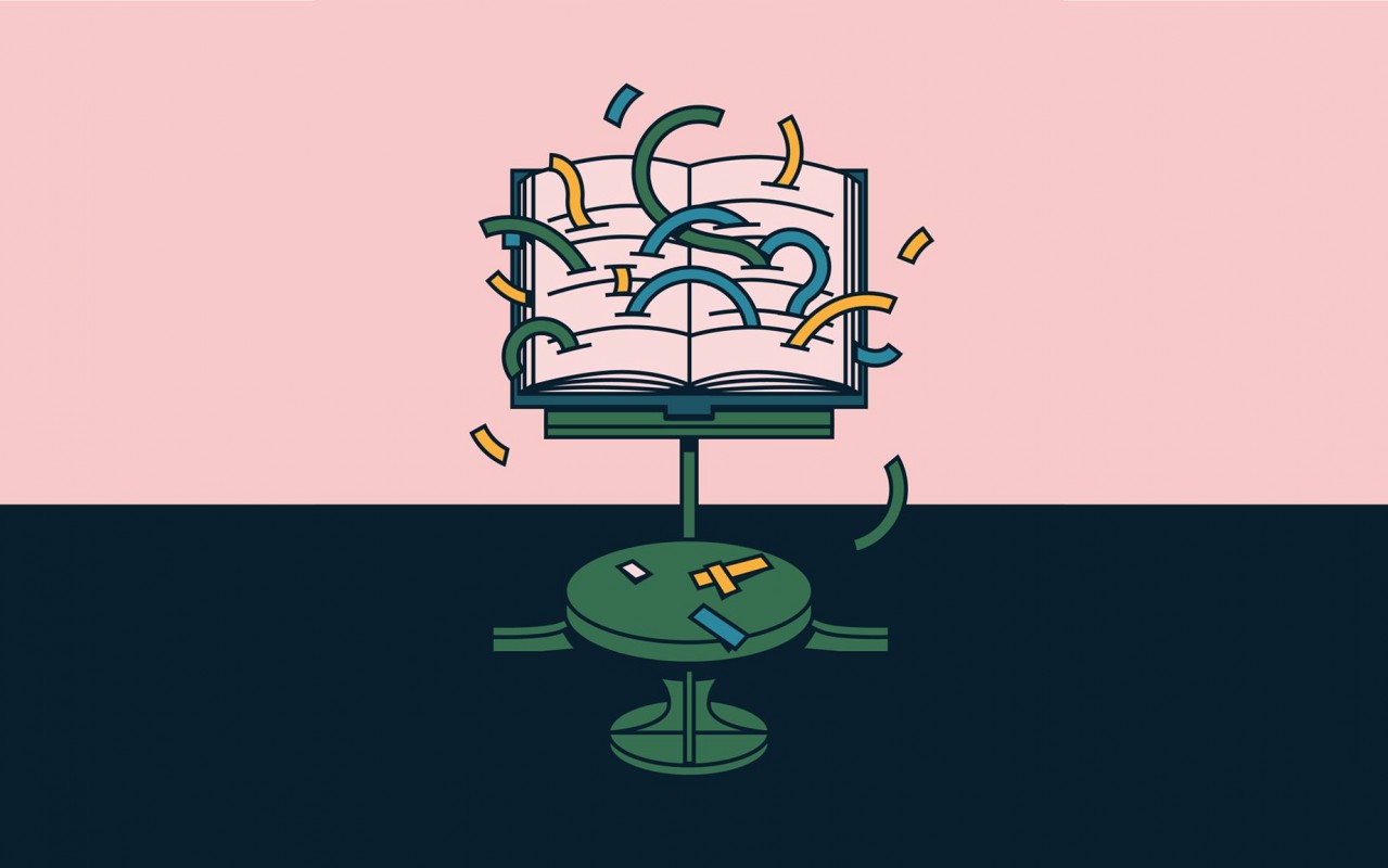 różowo-granatowa grafika z książką na stojaku, z której wypadają różne kształty