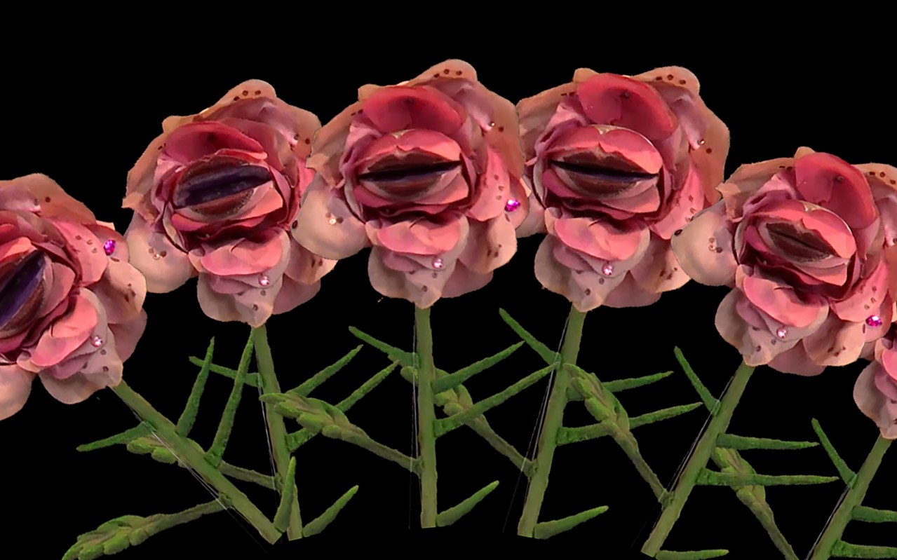 Grafika przedstawia 6 kwiatów róży na czarnym tle. Kwiaty są w kolorze różowym, na zielonych łodygach, w środku płatków róż znajdują się ludzkie usta w kolorze ciemnoróżowym.